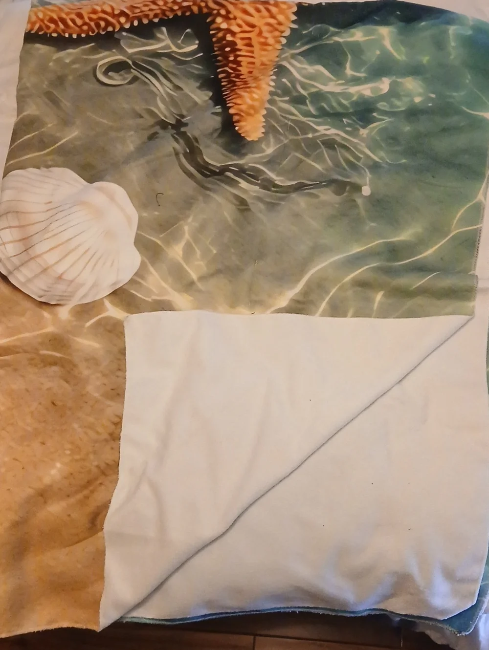Coastal Starfish & Shell Beach Print Throw Blanket - Teal, Sand, White